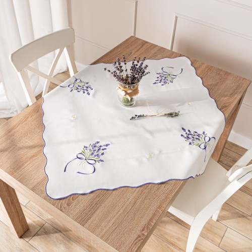 Serweta z haftem 85x85 cm, biała z fioletową lawendą na wiosnę, elegancka