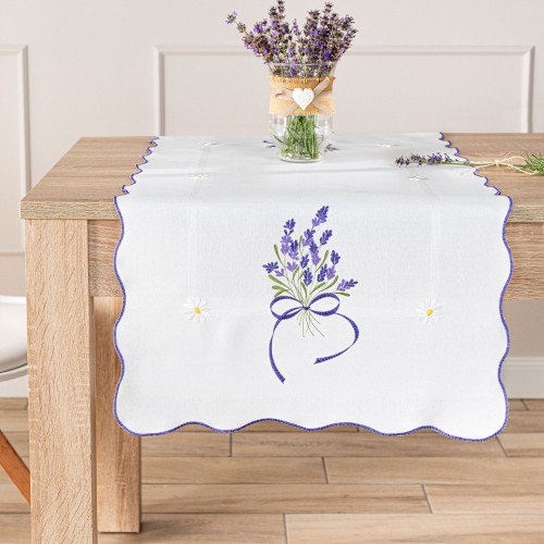 Serweta z haftem 38x160 cm, biała z fioletową lawendą na wiosnę, elegancka