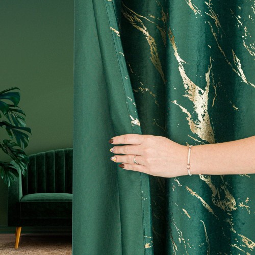 Zasłona gotowa na przelotkach, ciemna zielona ze złotym nadrukiem, 140x250 cm