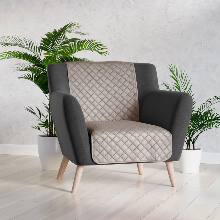 Narzuta dekoracyjna 70x160 cm szaro-beżowa– welwetowa narzuta na fotel, pikowana hot press