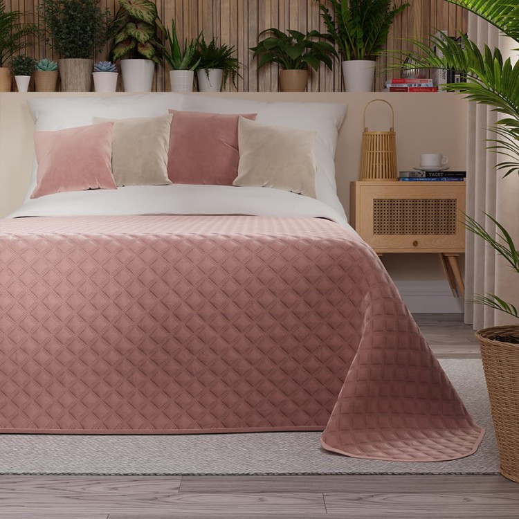 Narzuta dekoracyjna pikowana, ciemna pudrowa różowa 170x210 cm welwetowa