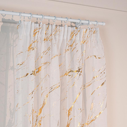 Firana gotowa biała ze złotym zdobieniem 140×250 cm – elegancka, na taśmie z ołowianką